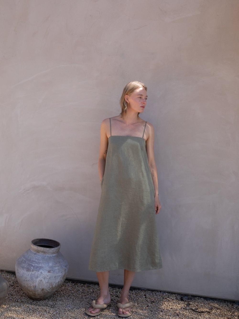 OAK + FORT Olive Green Linen Midi Slip Dress
